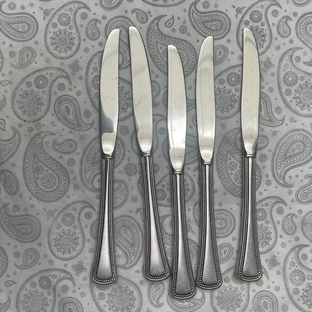 Vintage Stainless Steel Dinner Knives Set of 5 Beaded Edge Flatware